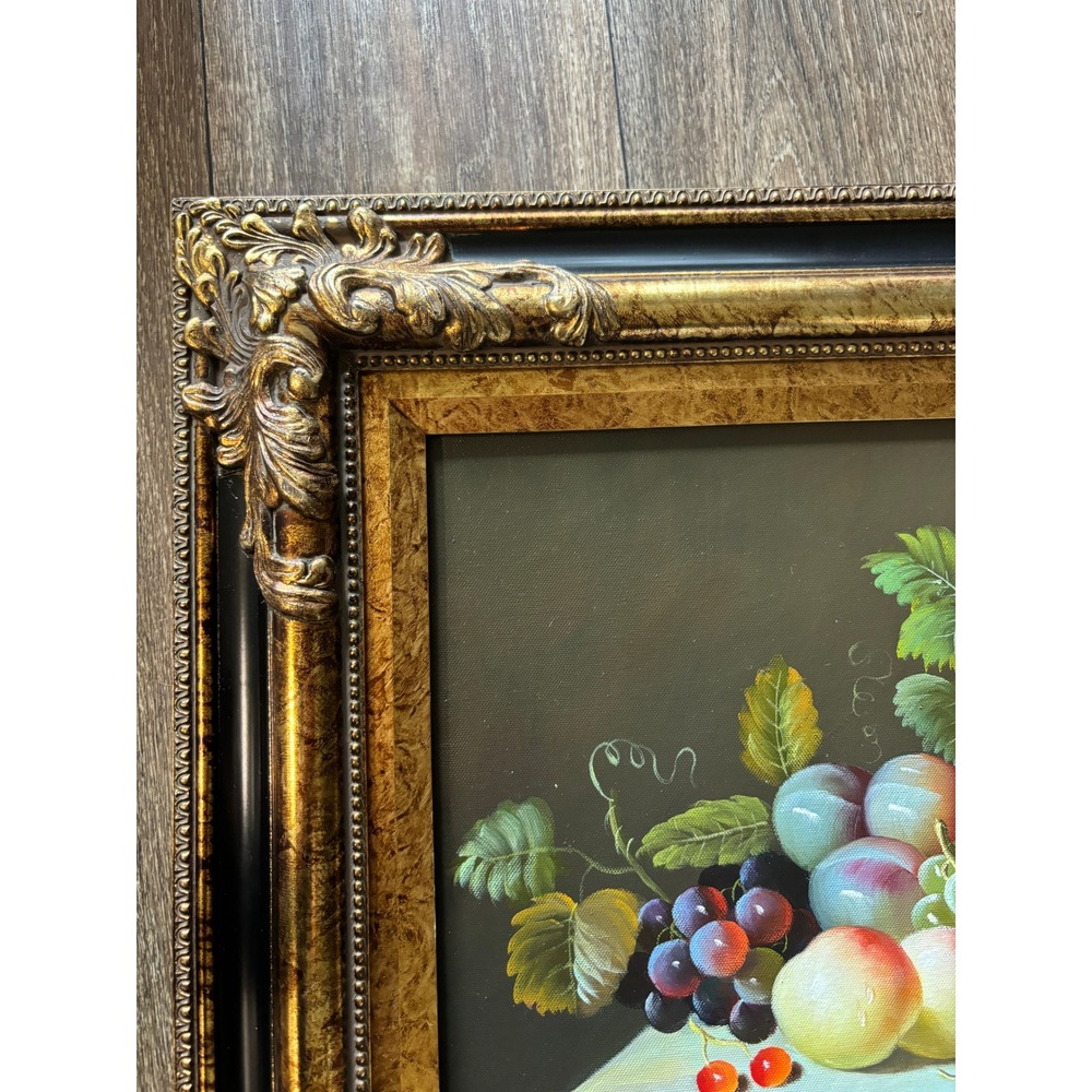 J Abrams Signed Still Life Oil Painting Ornate Gold Wood Frame Fruit Grapes - Picture 2 of 8